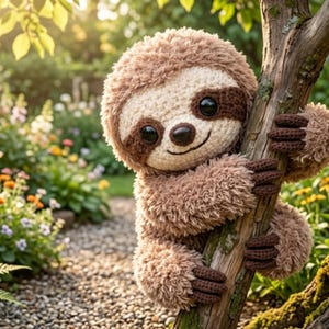 May include: A crocheted sloth plush toy with a smiling face, brown and cream fur, and dark brown accents. The sloth is clinging to a tree branch in a garden setting with flowers and greenery in the background.