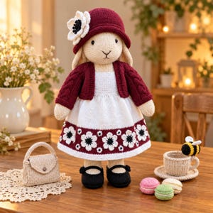 Può includere: Una bambola coniglio lavorata a maglia che indossa un cappello a cloche rosso scuro con un fiore bianco, un cardigan a trecce abbinato e un vestito bianco con orlo floreale. La bambola ha scarpe nere ed è accompagnata da una piccola borsa beige, una tazzina con un'ape e dei macaron.