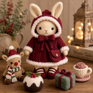 Peut inclure: Une poupée lapin tricotée couleur crème portant un manteau à capuche rouge foncé avec une bordure blanche, un nœud assorti et un petit sac. À côté se trouvent un renne tricoté, un pudding de Noël, un cadeau vert et une tasse avec une fleur rose.