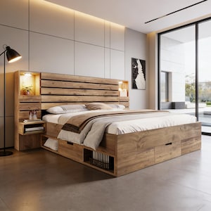 Cadre de lit en bois avec lumières LED, USB Type-C, tables de chevet flottantes et rangement sous le lit, finition chêne