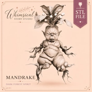 May include: A digital 3D model of a mandrake root creature with a wrinkled face, closed eyes, and leafy head. The figure has knobby, root-like limbs and a textured surface. Text includes Whimsical Story Studio, STL FILE, MANDRAKE, and DARK FOREST SPIRIT.