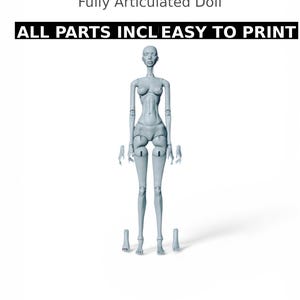 May include: A digital rendering of a fully articulated doll, with text that reads "BJD STL FILE" and "ALL PARTS INCL EASY TO PRINT". The doll is gray and has separate parts for the feet and hands. The words "Instant Download" are at the bottom.
