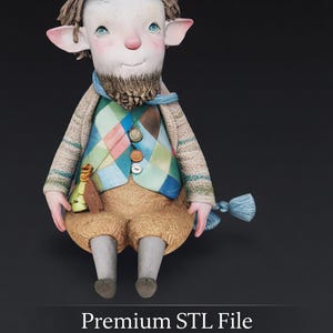 May include: A whimsical figurine of a goat-like creature with a patterned vest, holding a small bottle. The figure has a light complexion, blue eyes, and a beard. The text "Premium STL File" and "Instant Download • Ready for 3D Printing" are at the bottom.