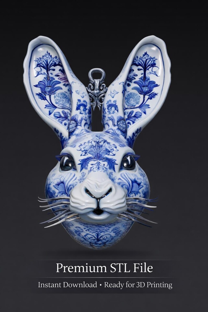 Stl Long Ear Rabbit Art Rabbit Head STL | Collector Wall Sculpture | Blue Porcelain Bunny ...