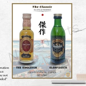 May include: Two miniature whisky bottles, The Singleton and Glenfiddich, are displayed against a backdrop of a Japanese-inspired landscape. The bottles are labeled with their respective brands and the text "The Classic Scotch Whisky". The image includes the text "Decoration Idea: Frame not Included".