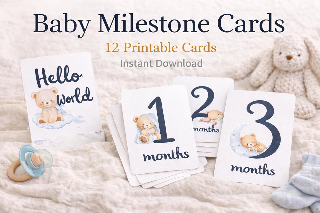 Baby Milestone Cards Printable | Teddy Bear Monthly Milestones | 12 ...