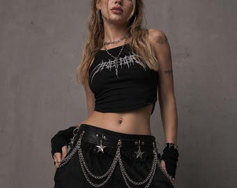 Leren heupriem punkster met kettingen, gothic kant gelaagde body chain, Y2K grunge hiphop verstelbare korsetriem voor jurken jassen