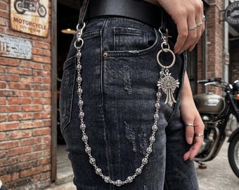 Cadena gótica para pantalón con cruz, aleación de metal plateado antiguo, 55 cm. Accesorio para cartera.