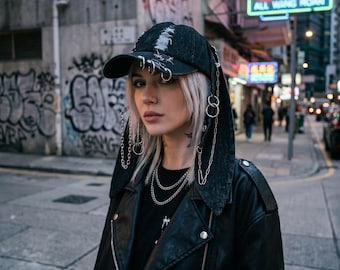 Y2K Washed Denim Graffiti Bunny Ear Cap, Streetwear Hip Hop Hat