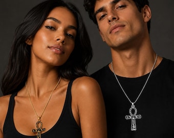 Roestvrijstalen Egyptische kruisketting met ankh, vintage hiërogliefen sleutel van het leven hanger, mystieke amuletsieraden, paarstijl