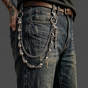 Cadena para cartera de calavera de doble capa hecha a mano, cadena gótica para pantalones vaqueros con esqueleto, joyería motera punk rock, regalo para él/ella.
