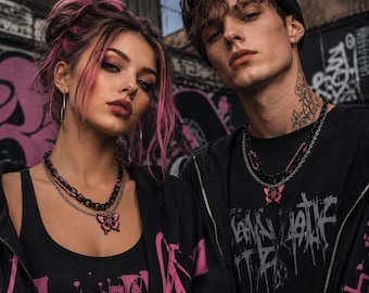 Y2K Hot Pink Butterfly Necklace,Black Grunge Chain Safety Pin Pendant,Sweet Cool Alt Choker,Punk Rock Aesthetic Jewelry,Cyberpunk Gift