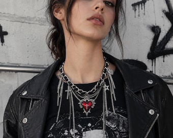 Y2K Punk Red Thorny Heart Necklace, Gothic Cross Tassel Choker Cyber Grunge Leather Chain, Necklace Coquette Alt Aesthetic, Gift For Her
