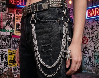 Punk Graffiti Bear Pants Chain, Hip Hop Double Layer Wallet Chain, Streetwear Jeans Accessory, Y2K Waist Belt Chain for Men and Women