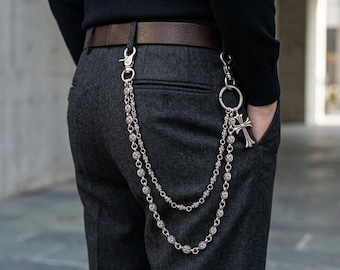 Men's Gothic Cross Pants Chain | Double-Layer Silver Pants Chain | Floral Pattern | Punk Rock Waist Accessory | Men's Gift