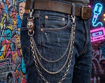 Cadena gótica de triple cruz para pantalones / Cadena de cuero y metal para pantalones / Cadena de mezclilla estilo punk / Accesorio de moda urbana / Regalo para novio