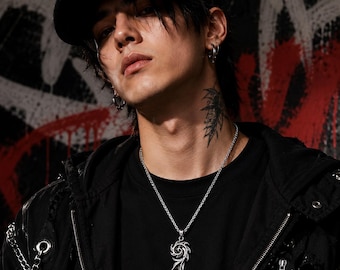 Naszyjnik z wisiorkiem w stylu gotyckim z wirującym płomieniem, srebrny łańcuszek w stylu cyberpunk, biżuteria w stylu hip-hop streetwear, łańcuszek do swetra punk rock, prezent dla niego