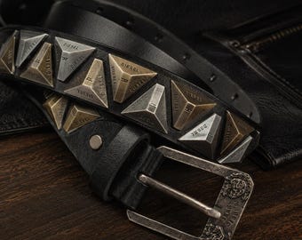 Men’s Genuine Leather Studded Belt, Black Top Grain Cowhide Belt, Punk Rock Biker Belt with Metal Pyramid Studs, Gift for Him
