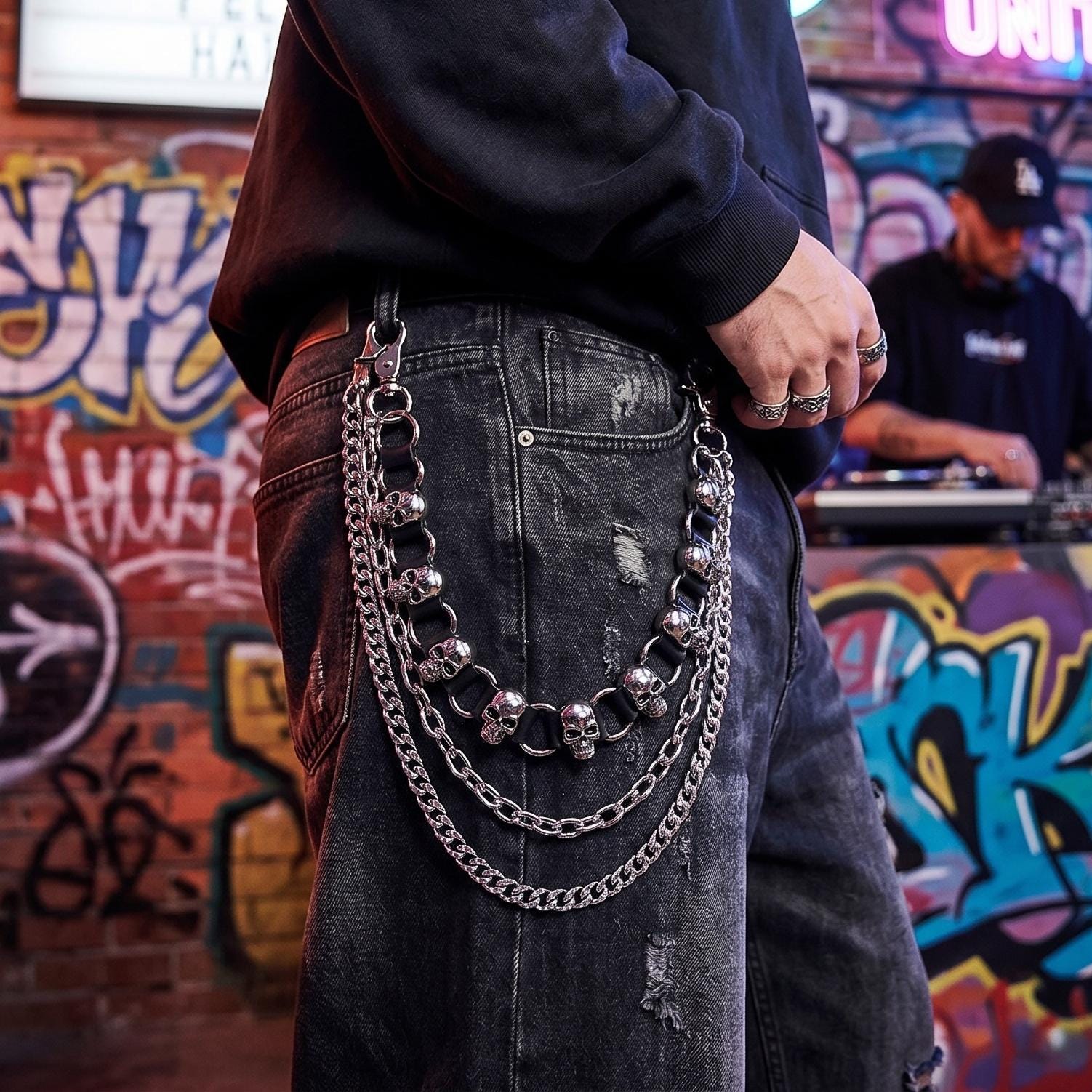 一点物 スタッズ装飾 デニムパンツ ブラック×レッド Heavy metal pants 