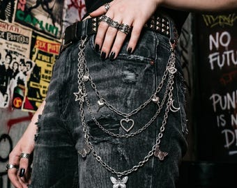Corrente para calças com pingente de borboleta e coração, estilo punk grunge, para mulheres, acessório gótico hip hop anos 2000, presente para ela.