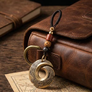 Pode incluir: Um porta-chaves de cor bronze com um design circular gravado. O porta-chaves apresenta um laço de cordão preto, contas de madeira e um anel de latão. O fundo inclui uma bolsa de couro e um mapa.