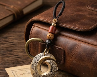 Antique Brass Fortune Keychain, Boho Bag Charm Accessory, Tribalstyle Carved Bronze Pendant, Gift For Him Her