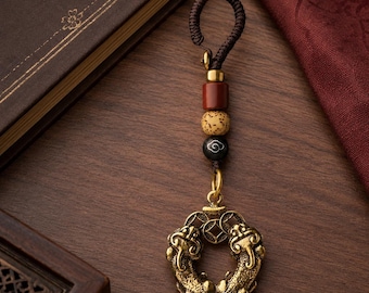 Double Pixiu brass keychain, auspicious charm for wealth, vintage handmade woven feng shui wheel pendant, antique mythical beast keychain.