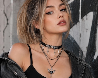 Gothic Layered Choker Necklace, Cross Charm Leather Collar, Bat Wing Heart Pendant, Punk Rock Grunge Aesthetic Jewelry, Y2K Alt Accessories
