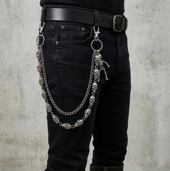 Double Layer Skull Wallet Chain, Gothic Punk Biker Jeans Pant