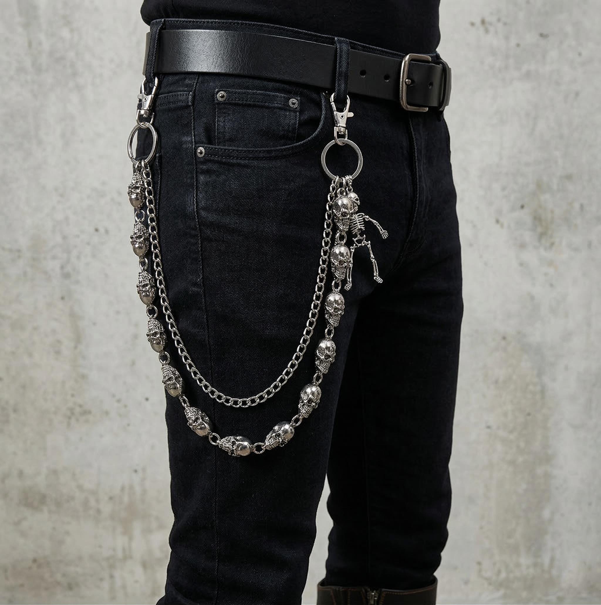 Double Layer Skull Wallet Chain, Gothic Punk Biker Jeans Pant