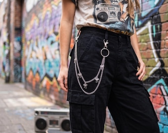Y2K Bowknot Layered Pants Chain, Coquette Aesthetic Waist Chain, Silver Bow Pendant Accessory, Harajuku Style Punk Accessories, Gift For Her