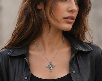 Winged Cat Pendant Necklace, Angel Cat Jewelry, Vintage Mythological Bastet Necklace, Stainless Steel Chain Punk Gothic Cat Lover Gift