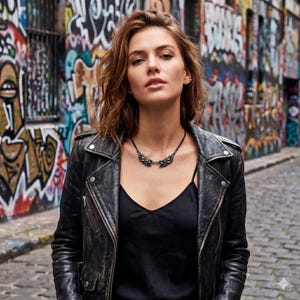 Puede incluir: Una mujer con una chaqueta de cuero negra y un top negro, con un collar con dise&ntilde;o de alas. El fondo es una calle adoquinada con grafitis coloridos.