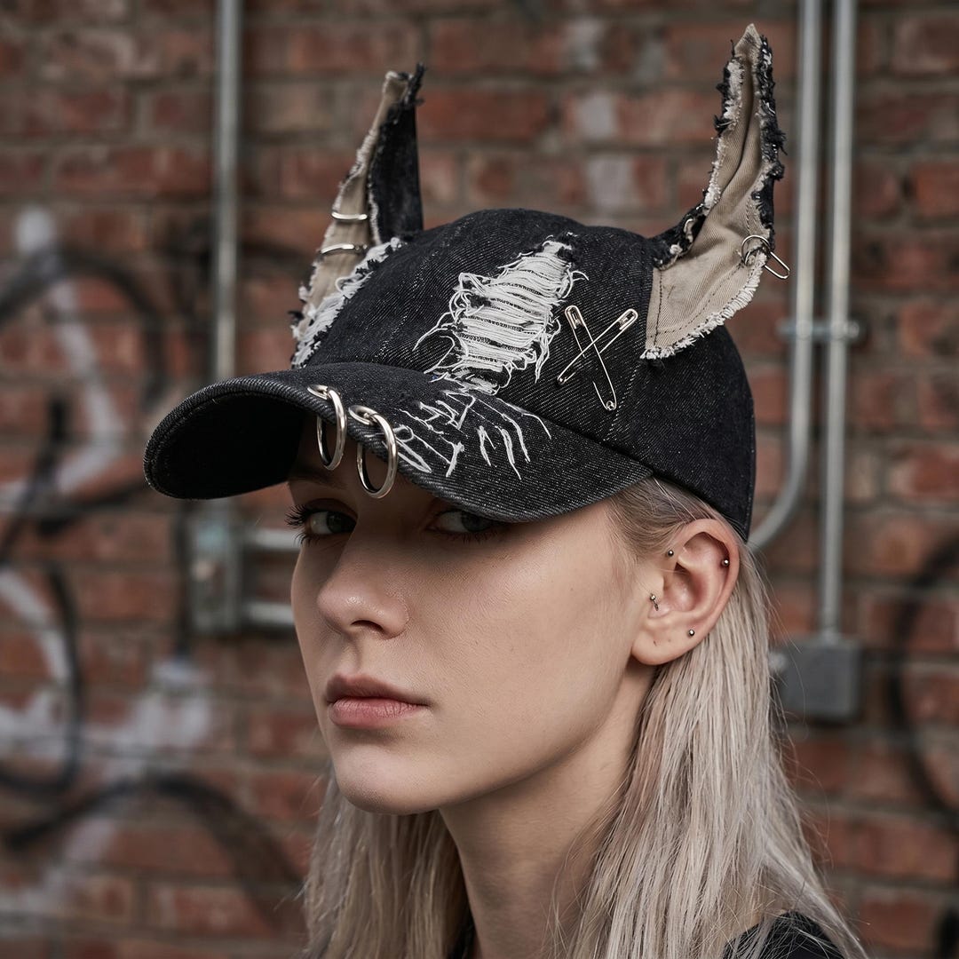 Unix Baseball Cap Distressed Denim Baseball Cap With 3D Ears and Iron Rings, Y2K ...