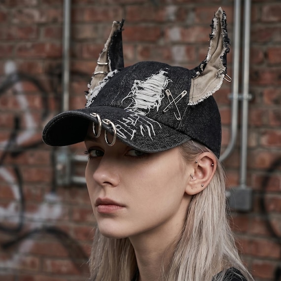 Distressed Denim Baseball Cap with 3D Ears and Iron Rings, Y2K Streetwear Punk Hat