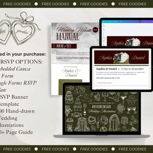 Op de afbeelding: Een digitale trouwwebsite-sjabloonset met handleiding, RSVP-formulieren en 100 handgetekende illustraties. Het display toont een donkerrood en wit kleurenschema met de tekst Sophia & Daniel, A Day to Remember en Wedding Website Manual.