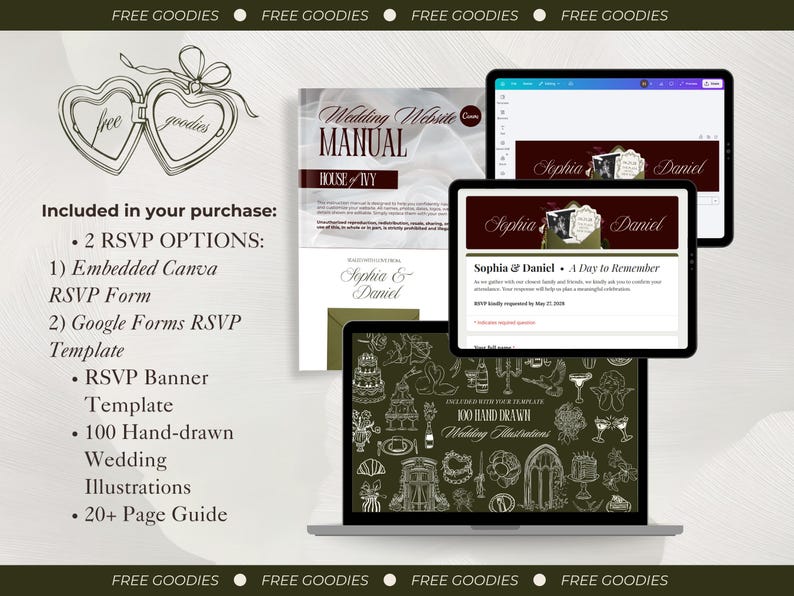 Op de afbeelding: Een digitale trouwwebsite-sjabloonset met handleiding, RSVP-formulieren en 100 handgetekende illustraties. Het display toont een donkerrood en wit kleurenschema met de tekst Sophia & Daniel, A Day to Remember en Wedding Website Manual.