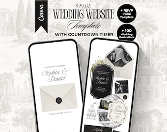 Op de afbeelding: Een digitale 5-pagina trouwwebsite-sjabloon voor Canva met een afteltimer, RSVP-formulier en 100 illustraties. De schermen tonen elegante zwart-witte trouwuitnodigingen, enveloppen met waszegels en details over het evenement.