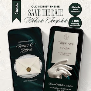 May include: Two smartphones displaying wedding invitation templates. The screens show elegant designs with the text "Save the Date" and "Formal invitation to follow". The theme is "Old Money" with illustrations and a form template.