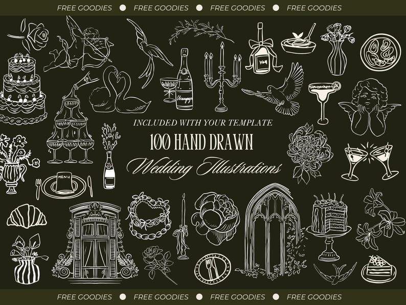 Op de afbeelding: Een collectie van 100 witte, met de hand getekende bruiloftsillustraties op een donkere achtergrond, met iconen van taarten, champagne, bloemen, duiven, kaarsen en architecturale elementen met de tekst INCLUDED WITH YOUR TEMPLATE 100 HAND DRAWN Wedding Illustrations.