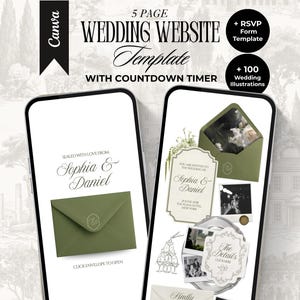 Könnte beinhalten: Eine Hochzeit Website-Vorlage, die auf zwei Smartphones angezeigt wird. Das Design zeigt einen olivgrünen Umschlag mit den Namen "Sophia & Daniel" und dem Text "5 PAGE WEDDING WEBSITE Template WITH COUNTDOWN TIMER". Zusätzliche Elemente sind ein RSVP-Formular und 100 Hochzeitsillustrationen.