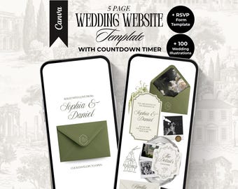 Plantilla de sitio web de boda en verde salvia y marfil con confirmación de asistencia y temporizador de cuenta regresiva. Elegante sitio web editable de estilo clásico para bodas (Canva). Invitación digital.