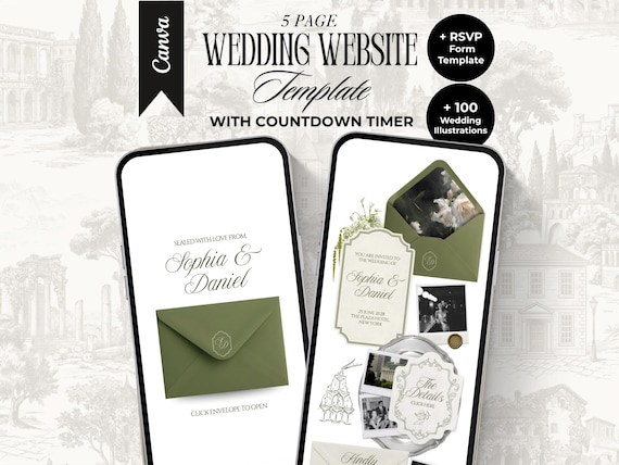 Sage Green and Ivory Wedding Website Template with RSVP and Countdown Timer Elegant Editable Old Money Canva Site Digital Invitation