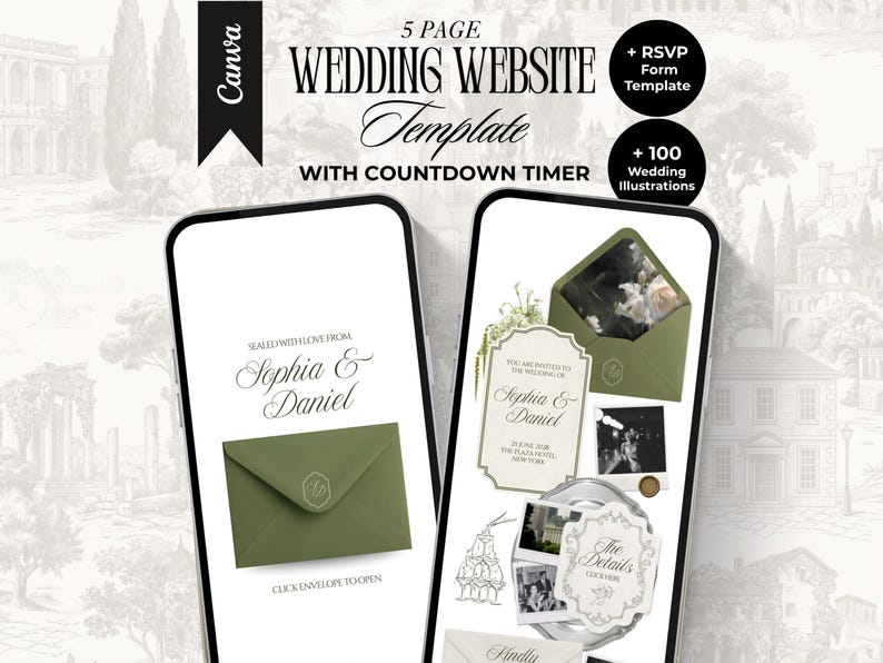 Może przedstawiać: Szablon strony internetowej ślubnej wyświetlany na dw&oacute;ch smartfonach. Projekt zawiera oliwkową kopertę z imionami "Sophia & Daniel" oraz tekstem "5 PAGE WEDDING WEBSITE Template WITH COUNTDOWN TIMER". Dodatkowe elementy obejmują formularz RSVP i 100 ilustracji ślubnych.