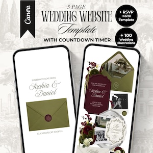 May include: Two smartphones showcasing a wedding website template. The template includes a countdown timer, RSVP form, and over 100 wedding illustrations. One phone displays an olive green envelope with a wax seal. The other phone displays a wedding invitation.