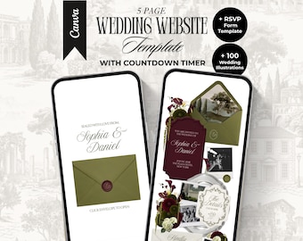 Olive Green and Burgundy Wedding Website Template with RSVP and Countdown Timer Elegant Editable Old Money Canva Site Digital Invitation