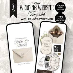 Ivoor en bruin bruiloftswebsitesjabloon met RSVP en countdowntimer Elegante bewerkbare oude geldcanva-site klassieke digitale uitnodiging