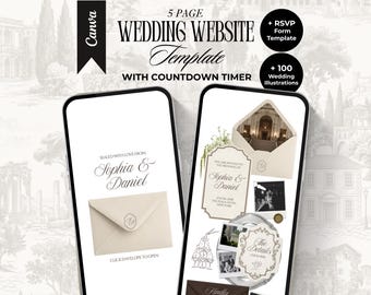 Modello di sito web per matrimoni avorio e marrone con RSVP e timer per il conto alla rovescia. Elegante sito Canva modificabile in stile old money. Invito digitale classico.