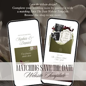 Op de afbeelding: Twee smartphones met een trouwwebsite-sjabloon. De schermen tonen tekst waaronder Sophia & Daniel, Save our Date 06.25.28, en The Plaza Hotel, New York. Het ontwerp bevat olijfgroene enveloppen, zwart-witfoto's en bloemrijke accenten.