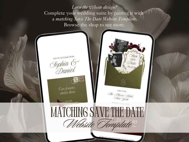 Op de afbeelding: Twee smartphones met een trouwwebsite-sjabloon. De schermen tonen tekst waaronder Sophia & Daniel, Save our Date 06.25.28, en The Plaza Hotel, New York. Het ontwerp bevat olijfgroene enveloppen, zwart-witfoto's en bloemrijke accenten.
